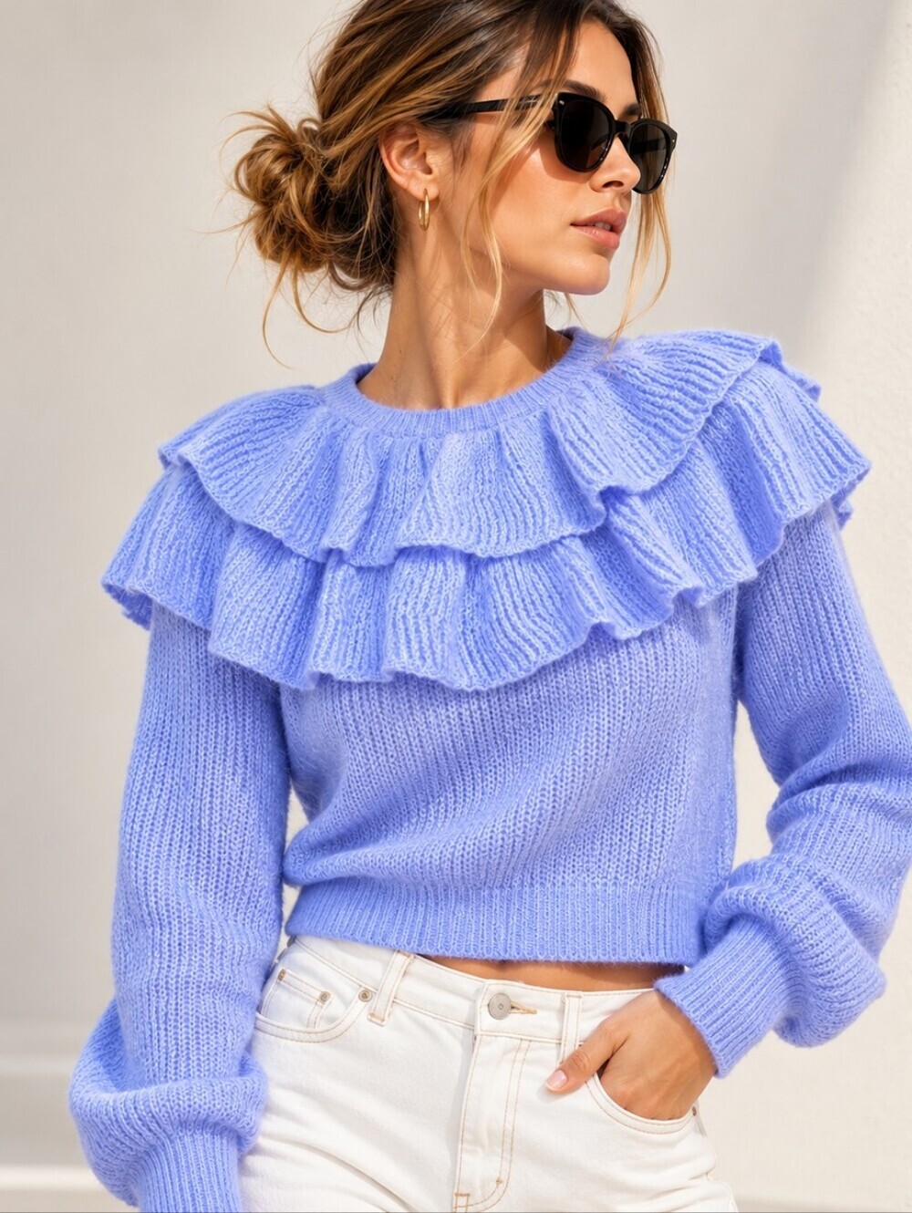 ZARA Sky Blue Ruffle Collar Cropped Knit Sweater Size S NWT